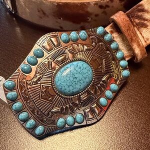 Tan and Turquoise Western Leather Belt with Concho Accents